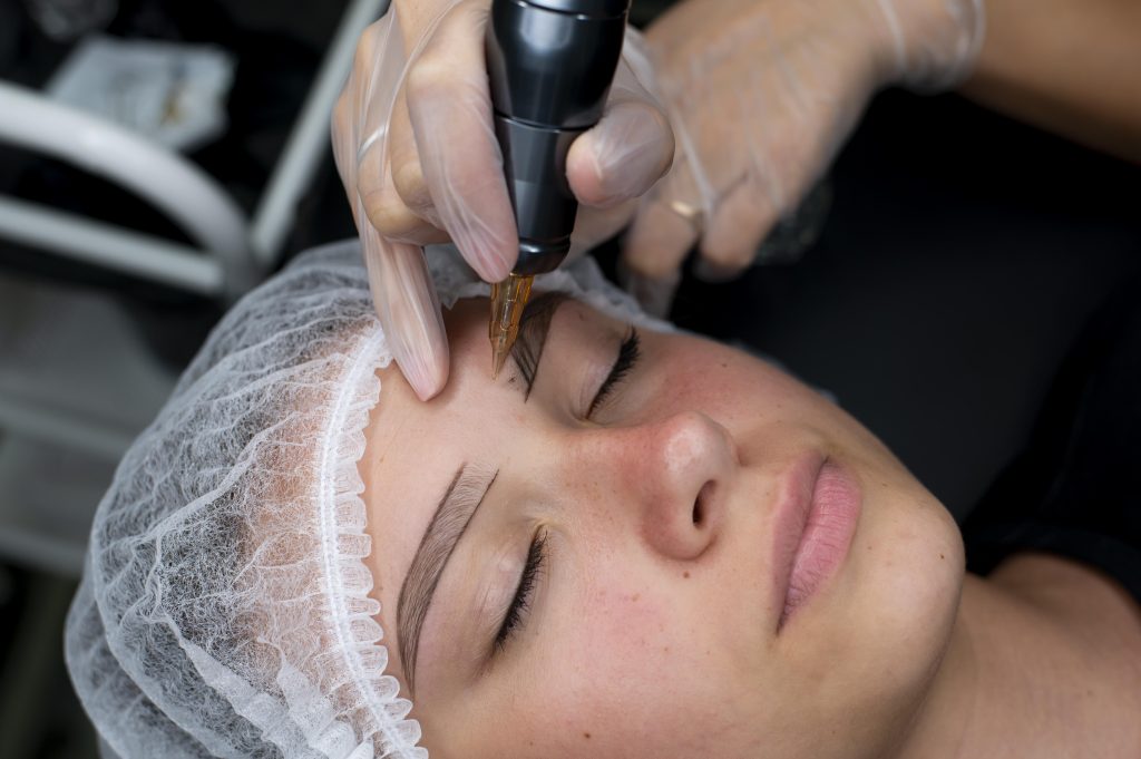 powder brows healing stages showing soft shaded eyebrow cosmetic tattoo result