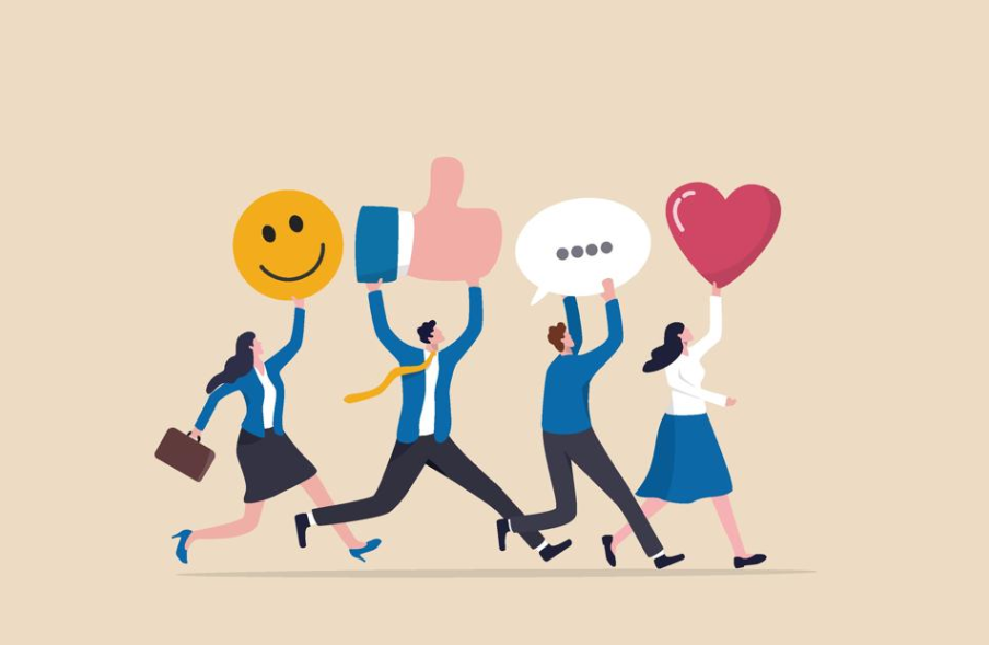 Business experts sporting massive emoji symbols representing contemporary place of work conversation